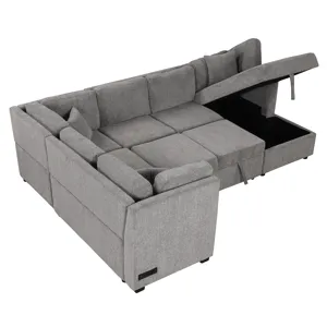 U-Shaped Sectional Sofa Pull Out Sofa Bed With Two USB Ports, Two Power Sockets, Three Back Pillows 