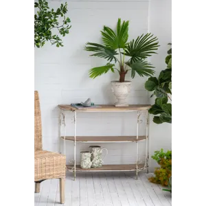 Three Tiered White Wooden Shelving Unit With Ornate Iron Frame - Multicolor