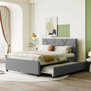 Full Size Upholstered Platform Bed With Brick Pattern Headboard And Twin Size Trundle, Linen - Gray