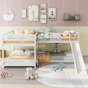 Full And Twin Size L-Shaped Bunk Bed With Slide And Short Ladder - White