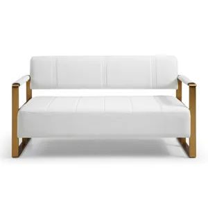 Modern Upholstery Accent Loveseat Sofa For Living Room 2 Seater With Golden Metal Arms - White