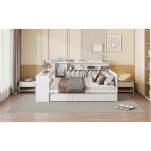 Full Size Wooden Daybed With 3 Drawers, USB Ports And Desk - White