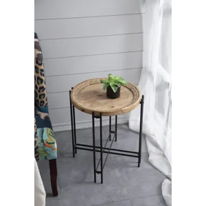 Round Side Table With Wood Top, End Table For Living Room Bedroom - Black Brown