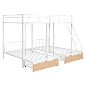 Full Over Twin & Twin Bunk Bed, Metal Triple Bunk Bed With Drawers And Guardrails - White