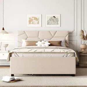 Full Size Upholstered Platform Bed With Brick Pattern Headboard And Twin Size Trundle, Linen - Beige