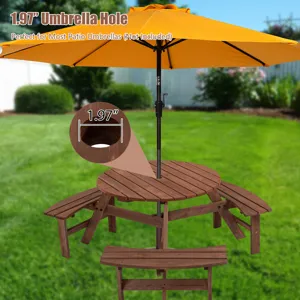 6 Person Circular Outdoor Wooden Picnic Table For Patio, Backyard, Garden, Diy With 3 Built-In Bench