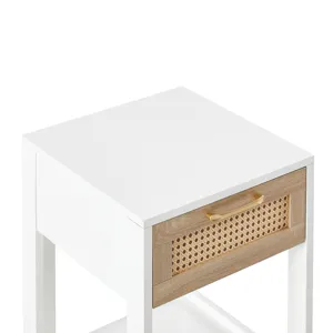 15.75\" Rattan End Table With Drawer, Modern Nightstand, Side Table For Living Room, Bedroom - White