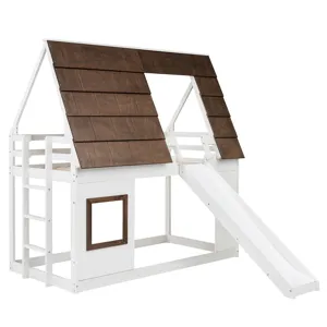 Wood Twin Size House Bunk Bed With Roof, Ladder And Slide - White / Brown