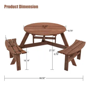 6 Person Circular Outdoor Wooden Picnic Table For Patio, Backyard, Garden, Diy With 3 Built-In Bench