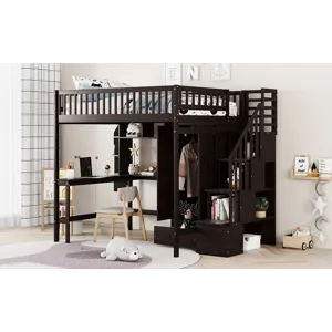 Full Size Loft Bed With Bookshelf, Drawers, Desk, And Wardrobe - Espresso