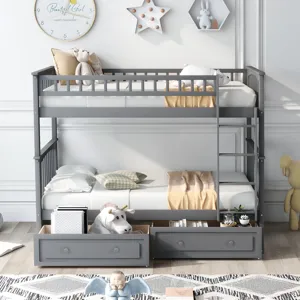 Twin Over Twin Bunk Bed With Drawers, Convertible Beds - Gray