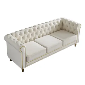 Chesterfield - Velvet Sofa 84.65\" For Living Room - Beige