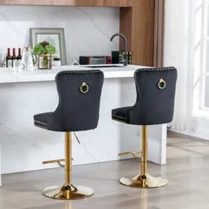 Thick Golden Swivel Velvet Barstools Adjusatble Seat Height From 27-35\", Modern Upholstered Bar Sto