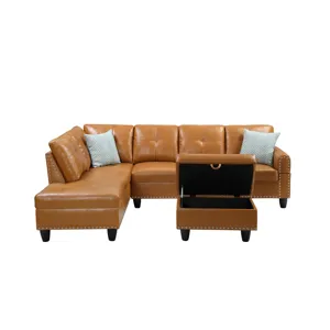 Irine - Faux Leather Sectional Sofa With Ottoman - Ginger