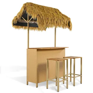 Hawaiian-Style Bar Height Patio Set With PE Grass Canopy, Outdoor Bar Table And Stools With Adjustab