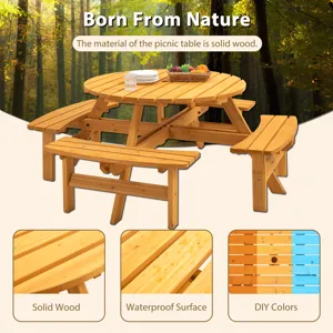 8 Person Wooden Picnic Table, Outdoor Camping Dining Table With Seat, Garden, Diy With 4 Built-In Be
