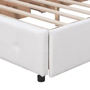 Queen Size Upholstered Platform Bed With Classic Headboard And 4 Drawers, No Box Spring Needed - Whi