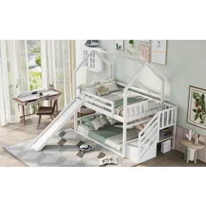 Twin Over Twin House Bunk Bed With Convertible Slide, Storage Staircase - White