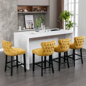 Contemporary Velvet Upholstered Wing-Back Barstools With Button Tufted Decoration And Wooden Legs, A