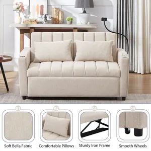 Convertible Sofa Bed Loveseat Sofa With Three USB Ports, Two Side Pockets, Two Cup Holders And 360° 