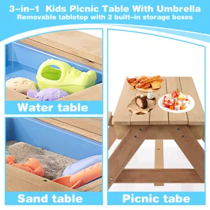 3-In-1 Kids Outdoor Wooden Picnic Table With Umbrella, Convertible Sand & Water, ASTM & CPSIA Certif
