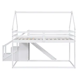 Twin Over Twin House Loft Or Bunk Bed With Slide And Staircase - White