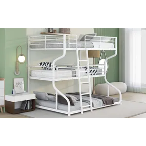 Full Long Over Twin Long Over Queen Size Triple Bunk Bed With Long And Short Ladder - White