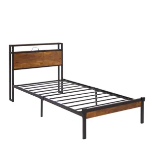 Twin Size Metal Platform Bed Frame With Wooden Headboard And Footboard With USB Liner, No Box Spring