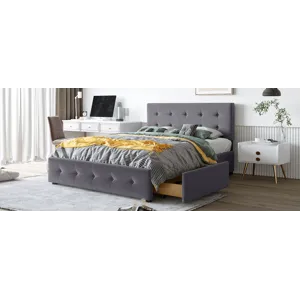 Queen Size Upholstered Platform Bed With Classic Headboard And 4 Drawers, No Box Spring Needed - Dar