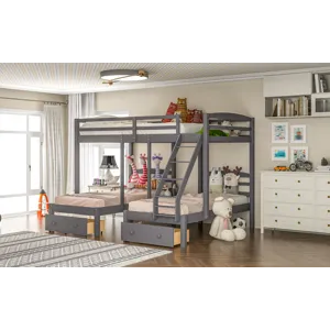 Full Over Twin & Twin Bunk Bed, Triple Bunk Bed With Drawers - Gray