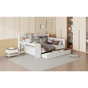 Full Size Wooden Daybed With 3 Drawers, USB Ports And Desk - White