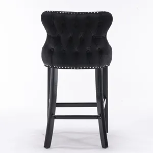 Contemporary Velvet Upholstered Wing-Back Barstools With Button Tufted Decoration And Wooden Legs, A