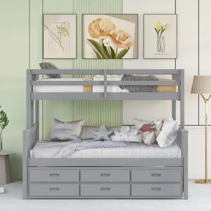 Twin Over Full Bunk Bed With Twin Size Trundle, Separable Bunk Bed With Drawers For Bedroom - Gray