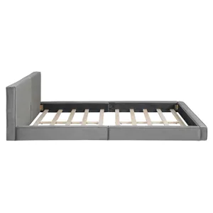 Queen Size Upholstered Platform Bed With , Grounded Bed With Solid Frame - Gray