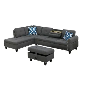 Alger - 98" Wide Left Hand Facing Sofa & Chaise With Ottoman - Dark Gray
