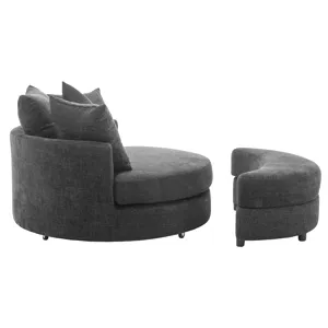 360° Swivel Accent Barrel Chair With Storage Ottoman & 4 Pillows, Modern Chenille Leisure Chair Roun