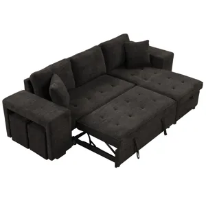 Modern L-Shape 3 Seat Reversible Sectional Couch, Pull Out Sleeper Sofa With Storage Chaise And 2 St