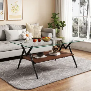 Rectangle Coffee Table With Tempered Glass Top And Metal Legs, Modern Table For Living Room, Transpa
