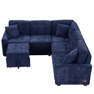 L-Shape Sofa Bed Pull-Out Sleeper Sofa With Wheels, USB Ports, Power Sockets For Living Room - Navy 