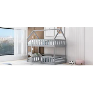 Twin Over Twin House Bunk Bed With Fence And Door - Gray