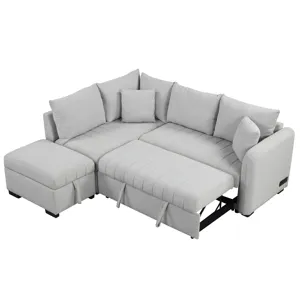 L-Shaped Sectional Pull Out Sofa Bed Sleeper Sofa With Two USB Ports, Two Power Sockets And A Movabl