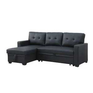 Upholstered Pull Out Sectional Sofa With Chaise - Black