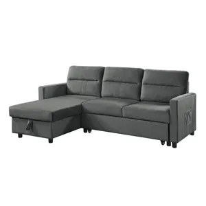 Ivy - Velvet Reversible Sleeper Sectional Sofa With Storage Chaise And Side Pocket - Dark Gray