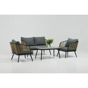 4 Pieces Patio Furniture Set, PE Rattan Wicker With Washable Cushion And Tempered Glass Tabletop, Co