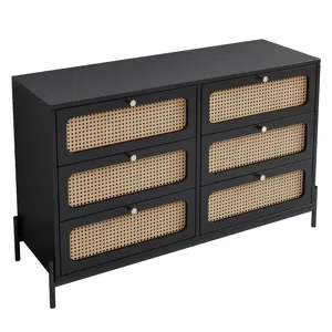 Modern Cannage Rattan Wood Closet 6 Drawer Dresser Wood Storage Cabinet Sideboard For Bedroom, Livin