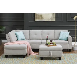 Alger - 98" Wide Left Hand Facing Sofa & Chaise With Ottoman - Light Gray