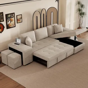 Modern L-Shape 3 Seat Reversible Sectional Couch, Pull Out Sleeper Sofa With Storage Chaise And 2 St