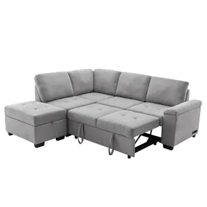 Sleeper Sectional Sofa, L-Shape Corner Couch Sofa - Bed With Storage Ottoman & Hidden Arm Storage & 