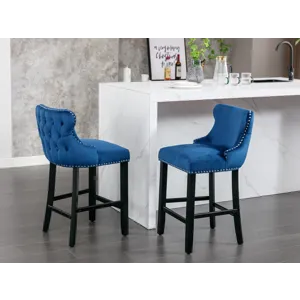 Contemporary Velvet Upholstered Wing-Back Barstools With Button Tufted Decoration And Wooden Legs, A