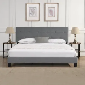 King Size Upholstered Platform Bed Frame With Button Tufted Linen Fabric Headboard, No Box Spring Ne